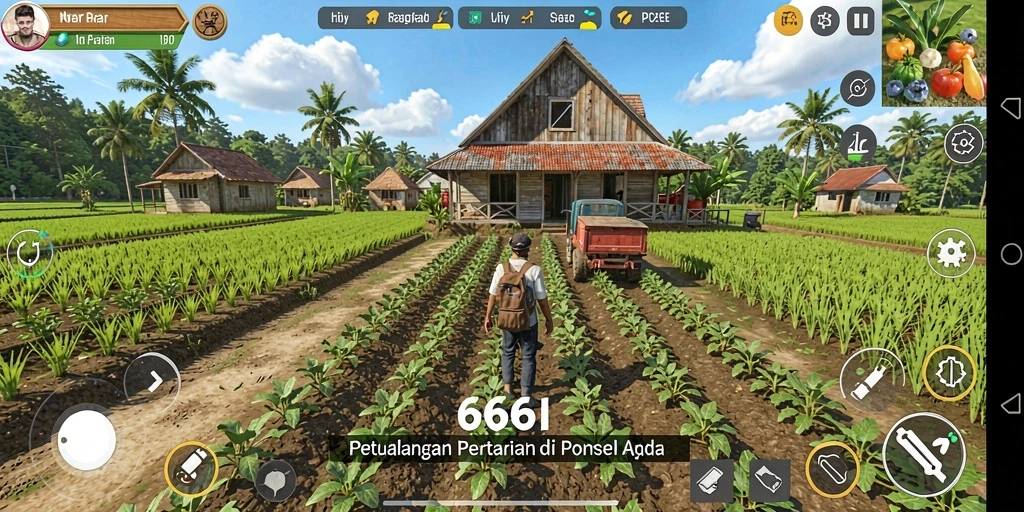 Tampilan gameplay <strong>666I</strong> yang menakjubkan dengan ladang subur dan hewan ternak.