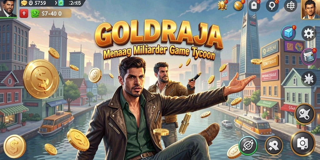 Screenshot utama <strong>GOLDRAJA</strong> menampilkan gameplay Tycoon yang seru dan dinamis.