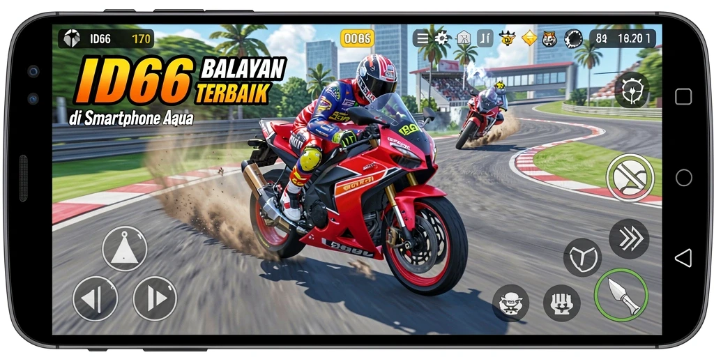 Tampilan gameplay mendebarkan dari ID66, menampilkan aksi balapan motor yang intens.