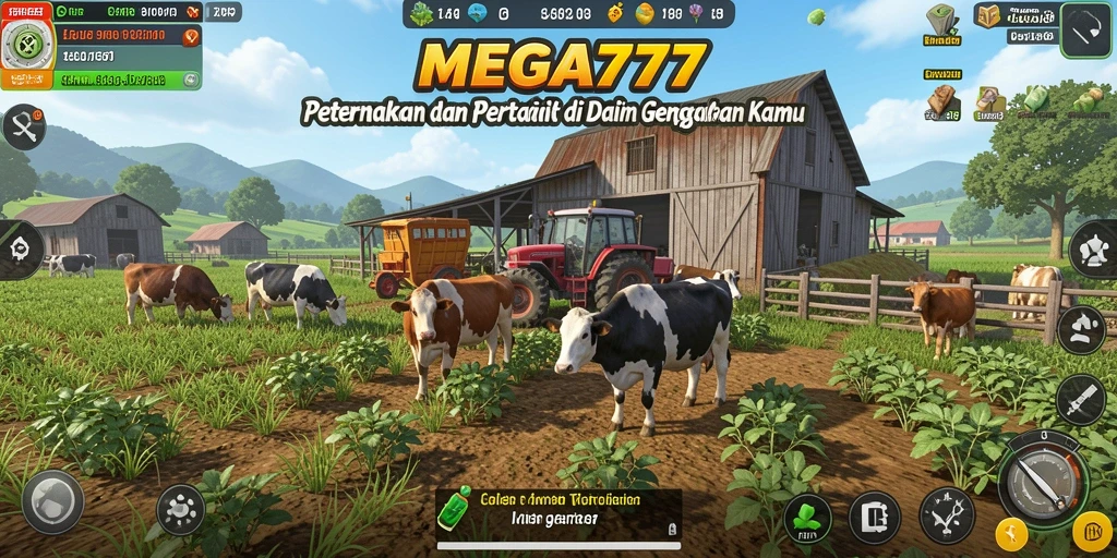 Tampilan gameplay <strong>MEGA777</strong> yang menarik dengan aktivitas pertanian yang seru.